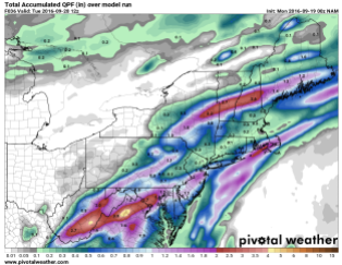 NAM Model forecast for rainfall through Tuesday morning. Image provided by Pivotal Weather.