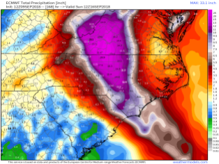 The ECMWF is forecasting as much as 15-30 inches of rain, centered in inland North Carolina southwestern Virginia. Image provided by Weathermodels.com