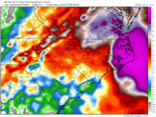 The GFS is forecasting as much as 15-30 inches of rain, centered in coastal North Carolina southeastern Virginia. Image provided by Weathermodels.com